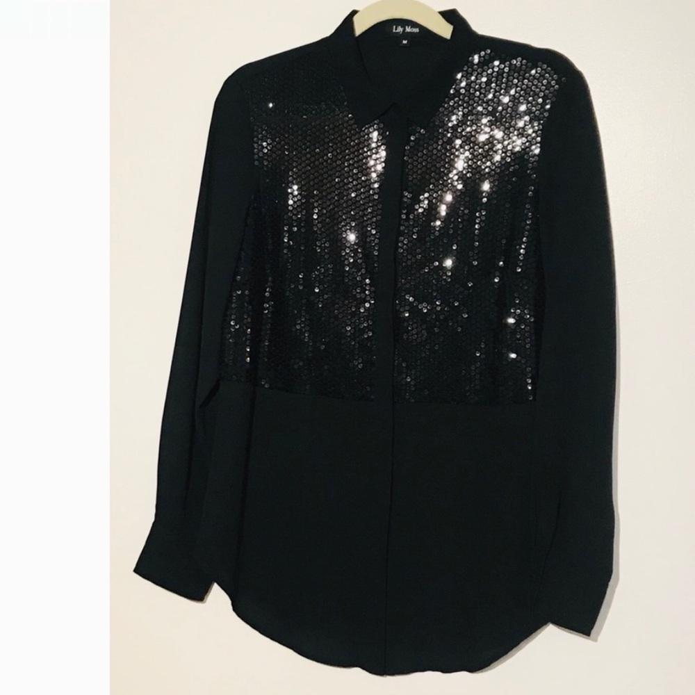 🖤LILY MOSS BLACK SEQUIN BUTTON DOWN FLOWY SHIRT